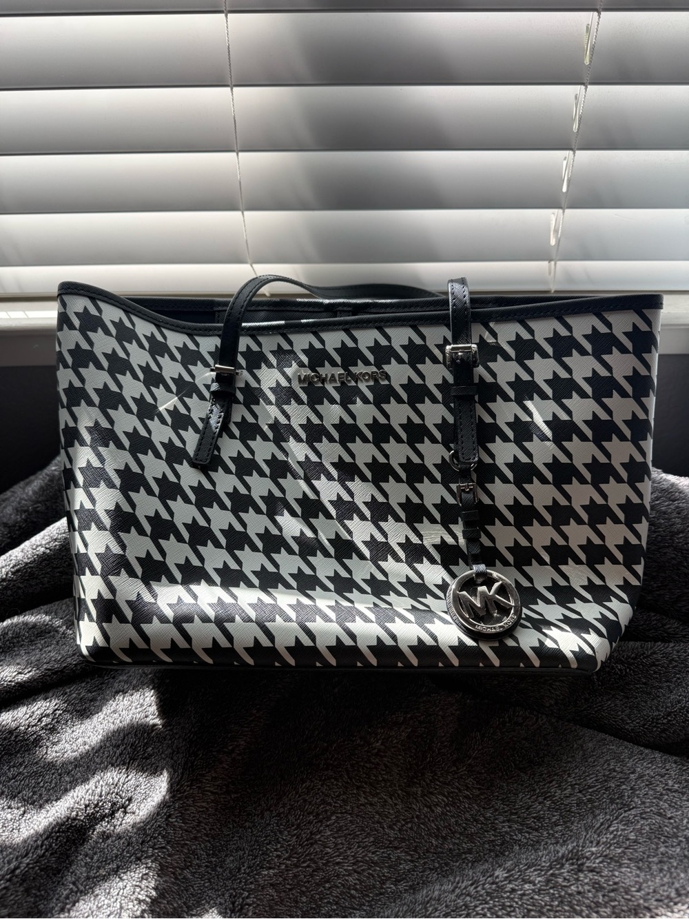 Michael Kors Black & White Houndstooth Tote with Logo Charm
